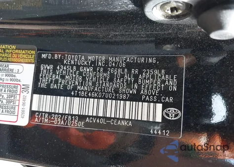 2007 Toyota Camry Le z USA, uszkodzony, nr VIN 4T1BE46K07U021987